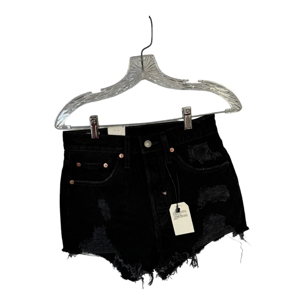Levi’s 501 Black Distressed High Rise Raw Hem Denim Jean Shorts Size 26 New‎